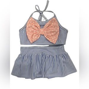 Periwinkle blue seersucker bow skirted Ruffle Butts swimsuit